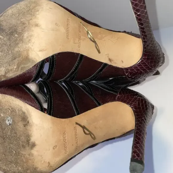 Brian Atwood Shoes Womens Size 8 Burgundy Black Snakeskin High Heel Sandals Zip - Picture 16 of 16